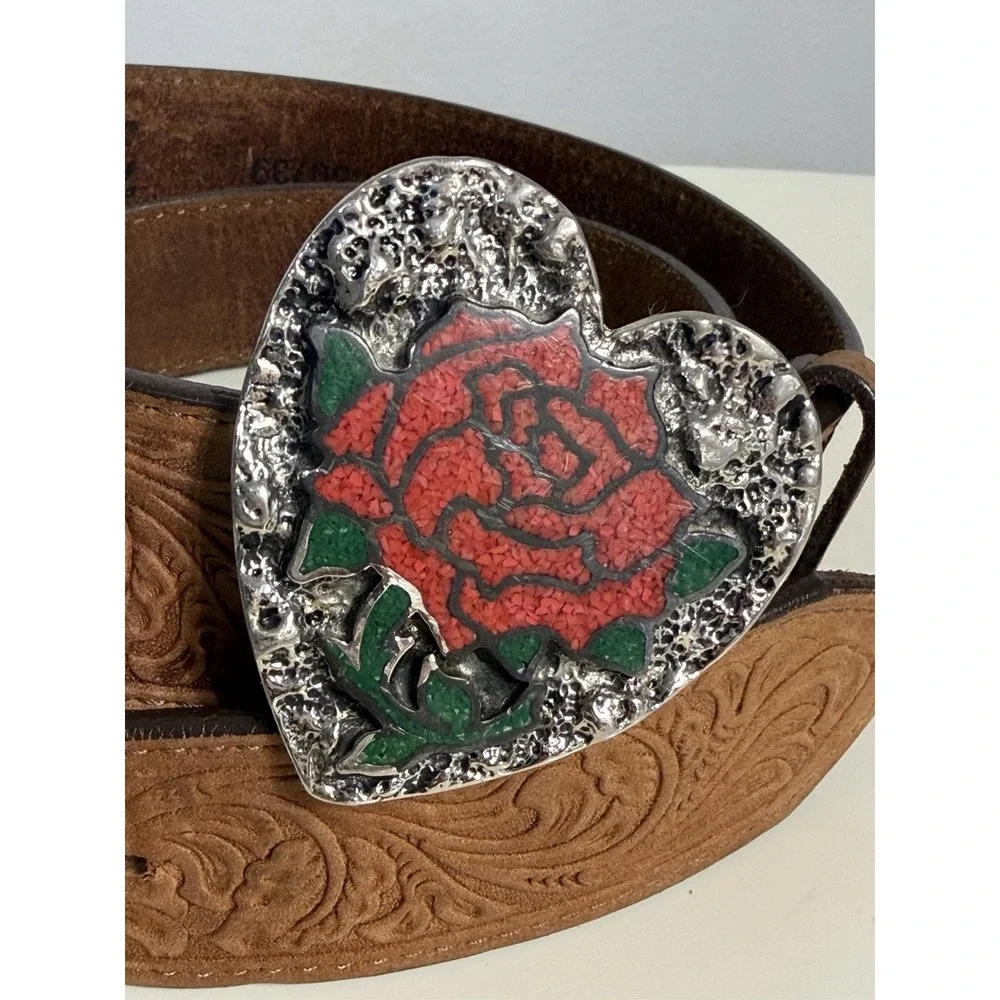 VTG Tony Lama Silver Heart Red Rose‎ Buckle Leather Embossed Western Belt C50739